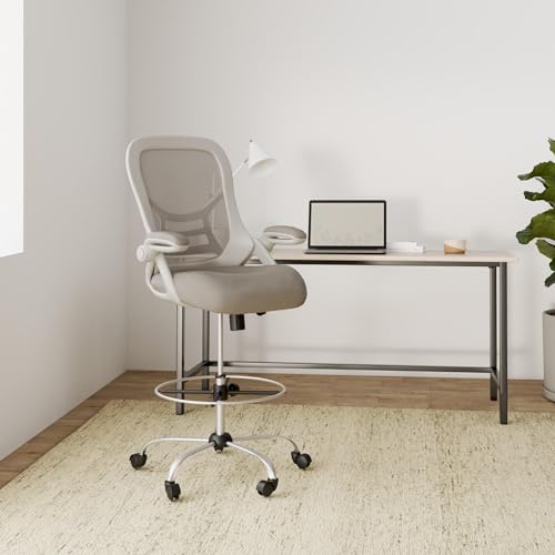 HYLONE Drafting Chair, Tall Office Chair Standing Desk Stool with Adjustable Foot Ring, Flip-Up Arms, Mesh High-Back Drafting Table Chair, White & Grey - color: Grey