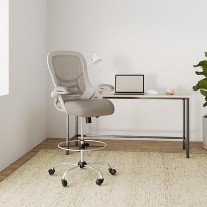 HYLONE Drafting Chair, Tall Office Chair Standing Desk Stool with Adjustable Foot Ring, Flip-Up Arms, Mesh High-Back Drafting Table Chair, White & Grey - color: Grey