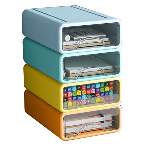 Desk Organizer with Drawers, Stackable Storage Drawers with Compartments Desktop Organization for Office Supplies, Makeup, Pencils, Tape, Erasers, Paperclips, Chargers (4 Pack) - color: Orange+Green+Yellow+Grey
