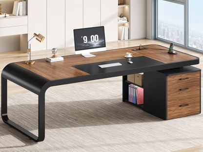 Itaar 70.9" Executive Desk, Large Computer Desk with Drawers and Lateral File Cabinet, Office Desk with Removable Shelves, Business Furniture Desk Workstation for Home Office, Brown - color: Brown