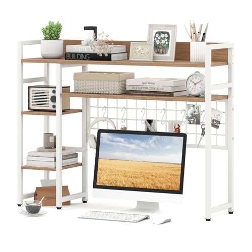 Tangkula Desktop Bookshelf for Computer Monitor Up to 32”, Countertop Storage Hutch with 4 Open Shelves, Grid Panel, 6 Hooks, Anti-tip Device, 4-Tier Desktop Shelves for Home Office Dorm, Natural - color: Natural, size: 37" x 10" x 29"