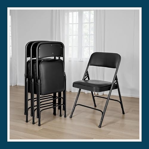 OEF Furnishings OEF1210 Vinyl Cushioned Folding Chairs with Steel Frame, Black, 4-Pack - color: Black