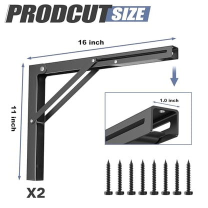 WALMANN 16 in Folding Wall Shelf Brackets, Wall Mount Collapsible Brackets | for Workbench/Table, 150 lbs Capacity, Space-Saving Shelf Hinges for Garage, Kitchen, Laundry, No Board - size: 16 Inch