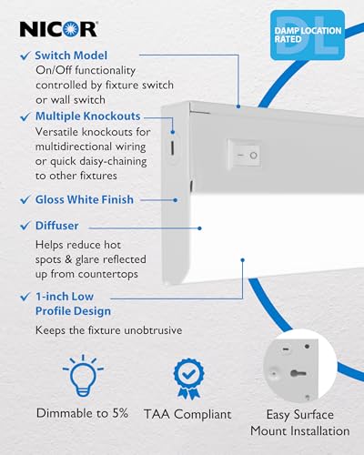 18” LED Direct Wire Under Cabinet Light with On/Off Switch - Dimmable LED Lights for Kitchen - Selectable CCT 2700K-5000K, 612-648 Lumens, 9W - UCB Hardwired Under Cabinet Lighting by NICOR Lighting - size: 18, style: Switch