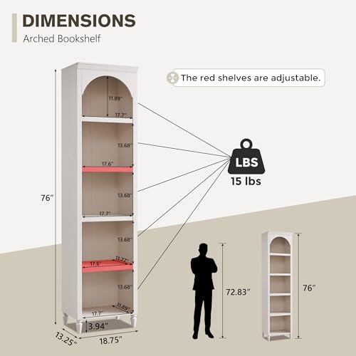 IFGET 76" Tall Arched Bookcase, Farmhouse Narrow Arch Bookshelf, Cream | 5 Tiers Bookcases w/Adjustable Shelves, Modern Wooden Book Shelf w/Storage and Open Display Shelves for Living Room, Office - color: Cream, size: Medium