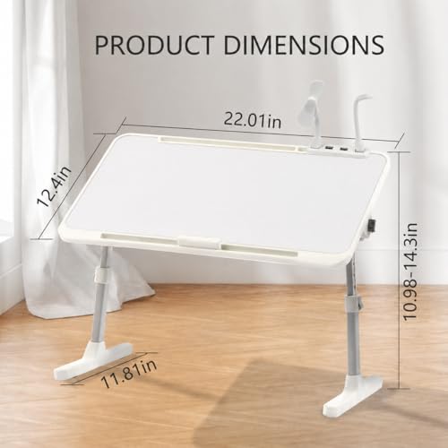 Adjustable Lap Desk with USB Fan & LED Light, Height & Angle Adjustable Laptop Bed Tray Table, Foldable Laptop Stand for Bed, Couch, Sofa & Floor,White