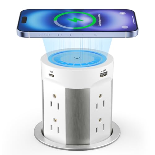 Kungfuking Pop Up Outlet for Countertop Kitchen, 15W Wireless Charger, 75W USB C Counter Top Electrical Power, 8 Outlets & 4 USB Ports, 4"Hole Recessed Popup Outlet for Island Conference Table Office - color: White