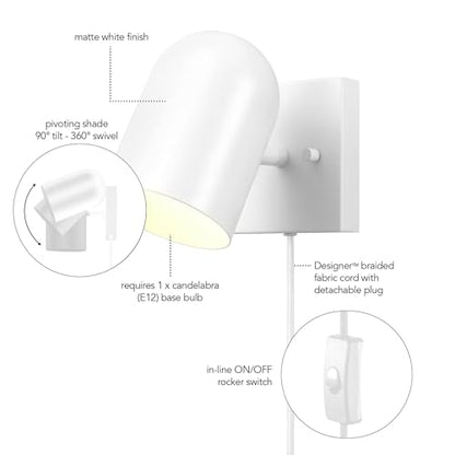 Globe Electric 1-Light Matte White Plug-in or Hardwire Wall Sconce | 6 ft braided cord, inline rocker switch, requires 1 E12 60W bulb (sold separately), 7x4.75x6 in, 65000146