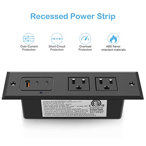 CCCEI Recessed Power Strip with Two USB-C Ports, Fast Charging USB A Port Desk Outlet, Black Furniture Hidden Charging Station for Side Table, End Table, with 6 FT 45 Degree Flat Plug Extension Cord. - size: 6FT, style: 20W USB-C
