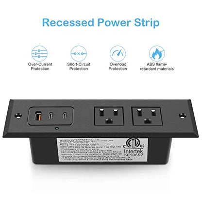 CCCEI Recessed Power Strip with 45W USB-C Ports, Fast Charging USB A Port Desk Outlet, Black Furniture Hidden Charging Station for Side Table, End Table, with 6 FT 45 Degree Flat Plug Extension Cord. - size: 6FT, style: 45W USB-C