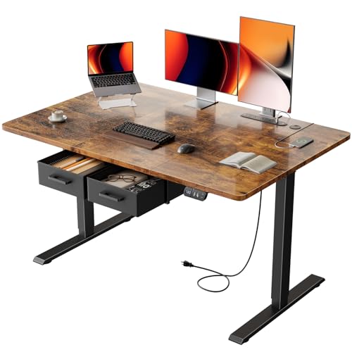 HLDIRECT 47" Electric Standing Desk with Outlets & 2 Drawers, Rustic Brown - color: Rustic Brown, size: 47 inch