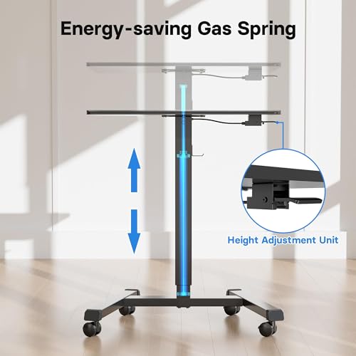 BONTEC Mobile Standing Desk Adjustable Height,Rolling Laptop Cart with Hook - color: Black, size: 25.6" x 17.7"