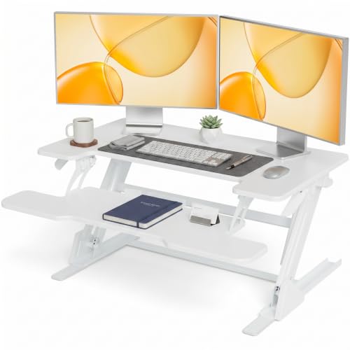 YDN Standing Desk Converter 32 inch, Height Adjustable Sit Stand Up Desk Riser, Quick Sit to Stand Tabletop Dual Monitor Riser Workstation for Home Office with Keyboard Tray, White - color: White, size: 32inch