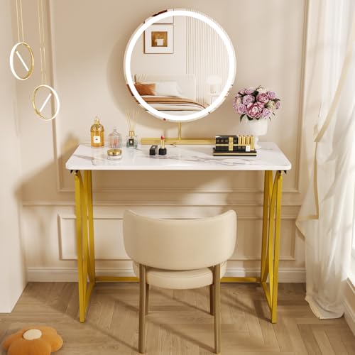 Folding Desk, 31.5" Small Desk for Bedroom, Space Saving Foldable Computer Desk for Home Office, Easy Assembly, White and Gold - size: medium size22