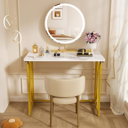 Folding Desk, 31.5" Small Desk for Bedroom, Space Saving Foldable Computer Desk for Home Office, Easy Assembly, White and Gold - size: medium size22