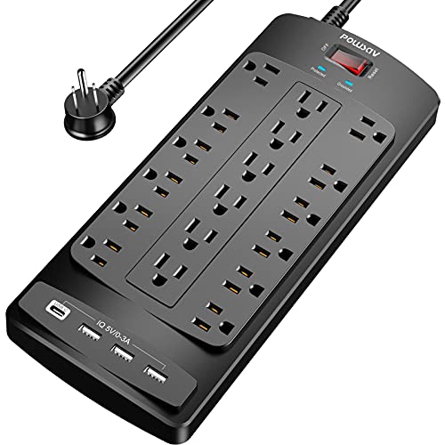 18 Outlets Surge Protector Power Strip - 6 Feet Flat Plug Heavy Duty Extension Cord with 18 Widely Outlets and 4 USB Ports, 2100 Joules, Black, ETL Listed - color: Black, size: 6 Ft