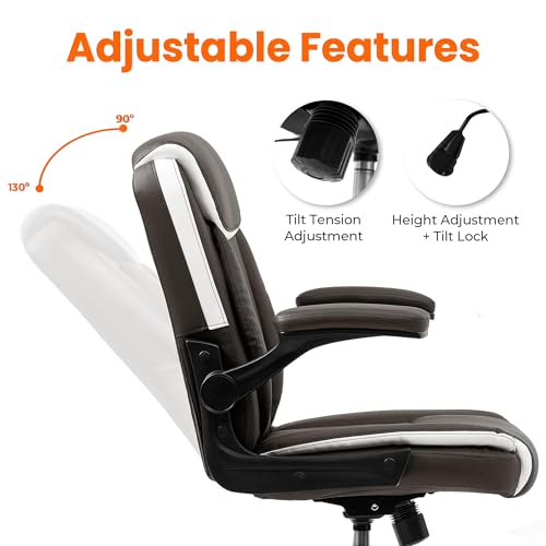 NEO CHAIR PU Leather Office Desk Chair with Adjustable Arms, Brown | Ergonomic Mid Back Computer Desk Chair Comfy with Wheels Swivel Rolling for Home Office Gaming Study - color: Brown