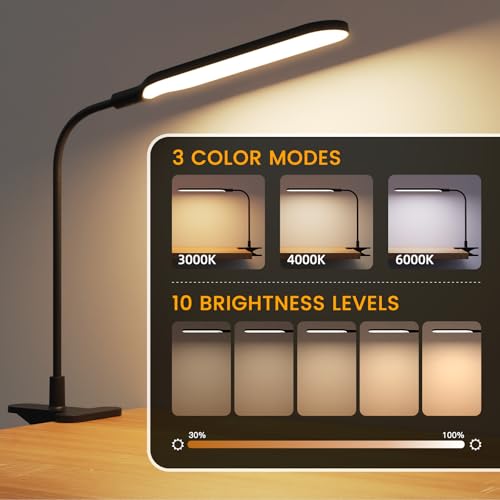 LED Clip on Light, 3 Color Modes & 10 Brightness Levels, 360° Flexible Gooseneck Clamp Lamp, Ultra Wide Brightness Range, USB Eye-Caring Table Light for Home Office/Reading/Painting, Black - style: Desk Lamp