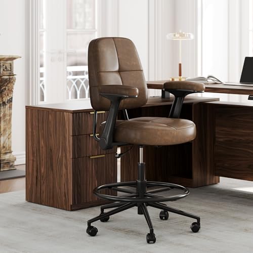 Drafting Executive Chair, Tall Office Chair with Padded Flip-Up Armrests, Mid-Back Cushioned Seat, 360° Swivel Rolling Computer Desk Chair for Standing Desk & Home Office, Vintage Brown - size: Normal Thick