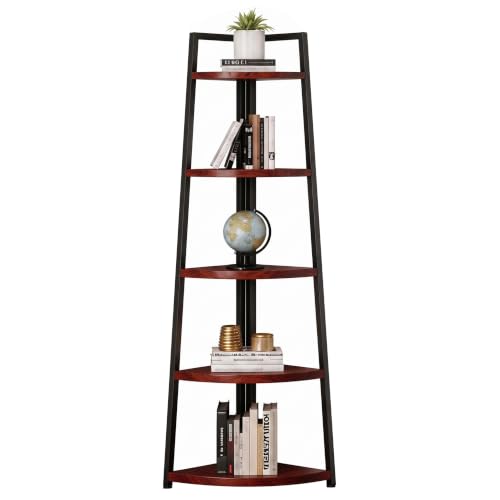 5 Tier Tall Corner Shelf,70 inch Solid Wood Rustic Corner Bookshelf Bookcase Industrial Ladder Shelf,Display Wooden Plant Stand Shelving Unit Shelf for Living Room,Kitchen,Home Office (Mahogany) - color: Mahogany