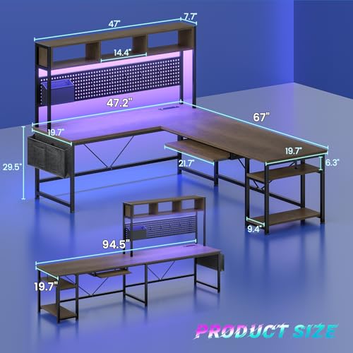 SEDETA L Shaped Gaming Desk with LED Lights and Pegboard for Home Office | Reversible 94.5" Computer Desk with Power Outlet, Keyboard Tray, Storage Shelves and Headphone Hook, Walnut Brown - color: Walnut With Power Outlet and Pegboard