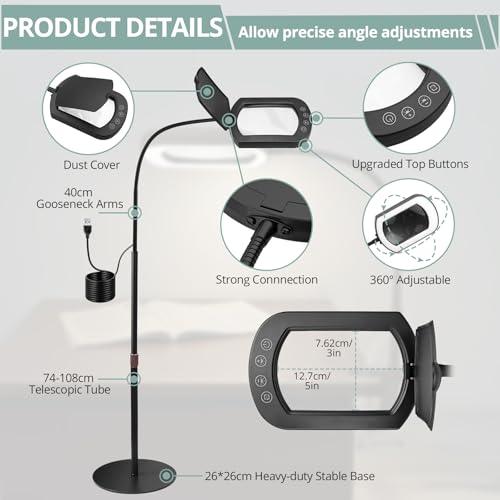 COLFULINE 10X Magnifying Glass Floor Lamp 5 Color Mode & Stepless Dimming | 10X HD Square Glass Lens,Dust Cover & Clamp Design,Adjustable Telescopic Pole & Stable Heavy Base,40cm Flexible Gooseneck