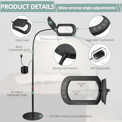 COLFULINE 10X Magnifying Glass Floor Lamp 5 Color Mode & Stepless Dimming | 10X HD Square Glass Lens,Dust Cover & Clamp Design,Adjustable Telescopic Pole & Stable Heavy Base,40cm Flexible Gooseneck