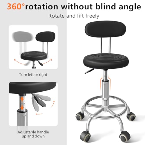 Rolling Stool with Backrest, Adjustable 360° Swivel Task Stool - color: Black