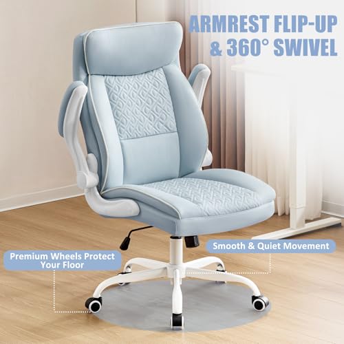 Executive Office Chair with High Back, Computer Desk Chair with Lumbar Support,Comfortable Leather Home Office Chairs 400lbs with Padded Flip-up Armrests, Adjustable Height,Tilting, LightBlue - color: Blue