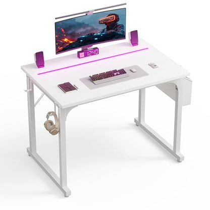 DurayLoly 32" Gaming Desk with Waterproof LED Lights for Bedroom,White - color: White, size: 32 IN