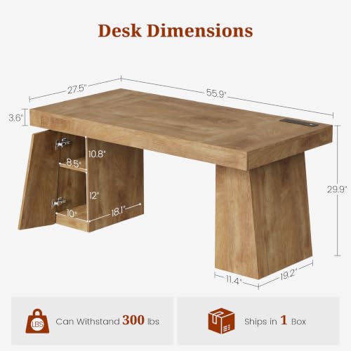 UPOSOJA 55.9" Executive Desk with Storage & Power Outlets, Home Office Desk - color: Oak, size: 55.9in Cabinet