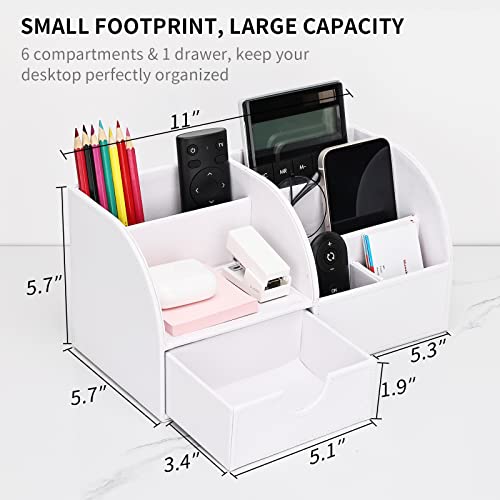 KINGFOM Pu Leather Desk Organizer Pen Pencil Holder Office Supplies Caddy Storage Box 6 Compartments with Drawer White (Full Pu Leather) - color: White