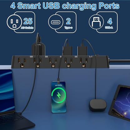 20 Amp Power Strip Surge Protector,Heavy Duty 12 Gauge 6.5 ft Cord/25 AC Outlets/4 USB A/2USB C/4000 Joules Surge protection/2500W/125V,Office Workshop Household Garage Black