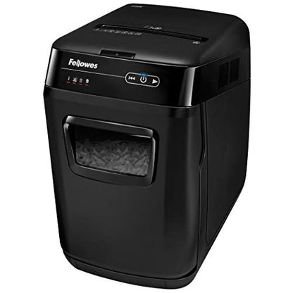 Fellowes 150-Sheet Cross-Cut Auto Feed Shredder, Black, AutoMax 150C; 9-Gallon Waste Bags, 100 Bags, 36053