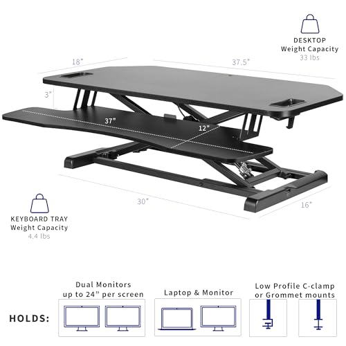 VIVO Extra Wide 38 inch Corner Desk Converter, K Series, Height Adjustable Sit to Stand Riser, Dual Monitor and Laptop Workstation with Wide Keyboard Tray, Black, DESK-V000KL - size: 38"