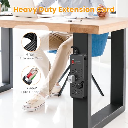 HEZI Magnetic Heavy Duty Power Strip,12 Gauge 6FT Extension Cord,Black - size: 6 FT