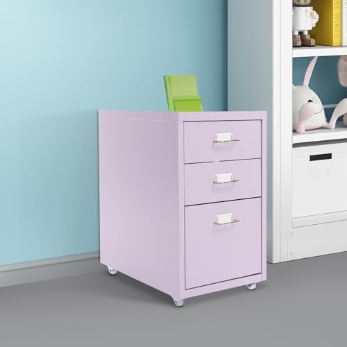 3 Drawers File Cabinet, 16*11*18.9In Aluminum Alloy Mobile Filing Cabinet Rolling Filing Cabinets Rectangular Storage Cabinets with Lock&4 Wheels for Kitchen Bedroom Living Room (Purple) - color: Purple