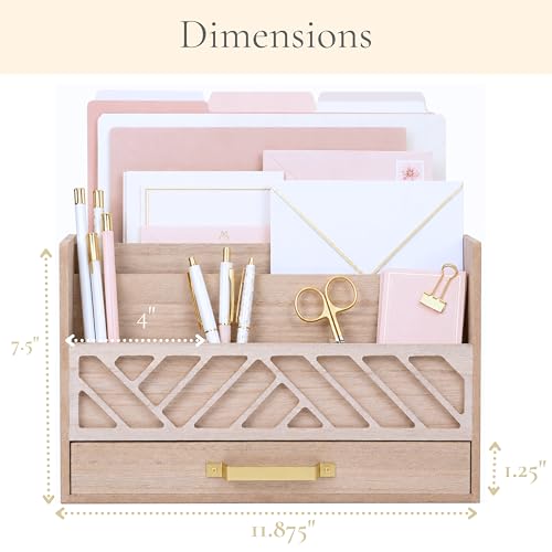 BLU MONACO | Wooden Mail Organizer with Drawer and Gold Handle | Outgoing Mail Holder and Letter Sorter for Desk | Natural Wood Desktop Paper Organizer - color: Natural wood