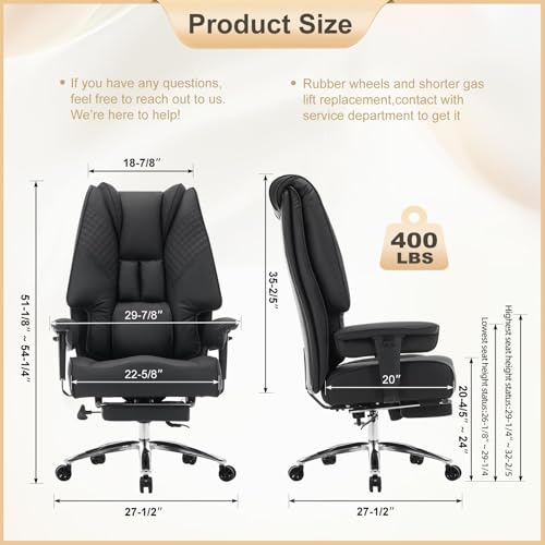 EXCEBET Big and Tall Office Chair 400lbs Wide Seat, Leather High Back Executive Office Chair with Foot Rest, Ergonomic Chairs Lumbar Support for Lower Back Pain Relief (Black) - color: Black