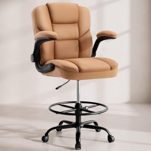 Drafting Chair 500Lbs, Tall Office Chair for Standing Desk, High PU Leather Executive Office Chair with Flip-up Armrests, Ergonomic High Chair with Adjustable Foot Ring, Comfy Stool Chairs, Brown - color: Brown