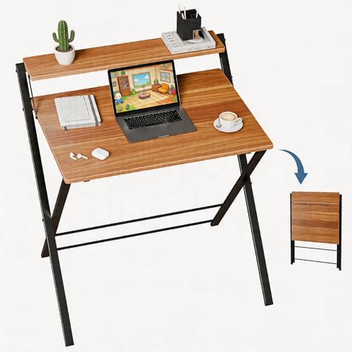 Simple Deluxe No Assembly Folding Desk with Shelf, 2-Tier Compact Computer Table, Space Saving Foldable Table for Home Office, Dorm or Apartment, Portable Collapsible Sturdy Laptop Desk, Brown - color: Brown