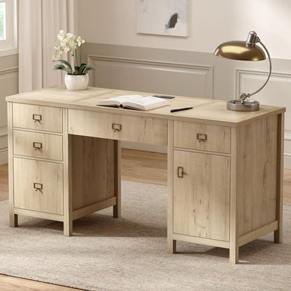 EYYTHUNG Modern Executive Desk with File Drawers Cabinet,59" Computer Desk with Charging Station, Keyboard Tray, Large Home Office Desk, Farmhouse Wood Desk for Study, Writing, Light Oak - color: Light Oak