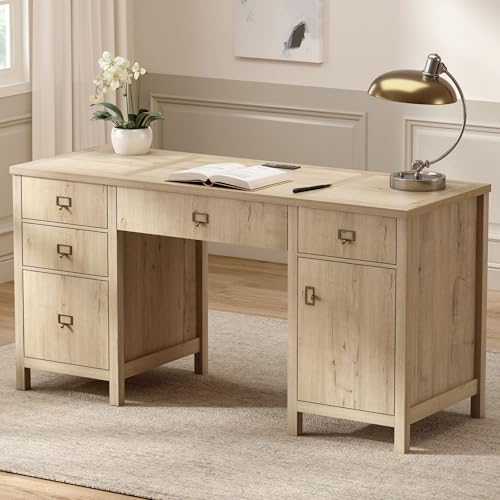 EYYTHUNG Modern Executive Desk with File Drawers Cabinet,59" Computer Desk with Charging Station, Keyboard Tray, Large Home Office Desk, Farmhouse Wood Desk for Study, Writing, Light Oak - color: Light Oak