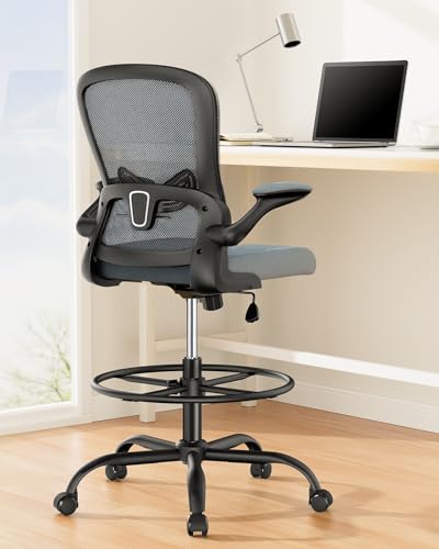 ErGear Drafting Chair,Tall Office Chair with Flip-Up Armrests, High Desk Chair Adjustable Height and Adjustable Footrest Ring, Ergonomic Standing Desk Chair with Lumbar Support, Blue - color: Blue