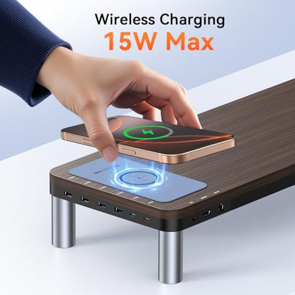 TobenONE MacBook Docking Station 10 in 1 (Monitor Stand, Wireless Charging) | 4K@60Hz HDMI Display, 100W Power Supply, 5 USB Ports, for Dell/Lenovo/HP/MacBook Desktop Accessories Desk, Clutter-Free