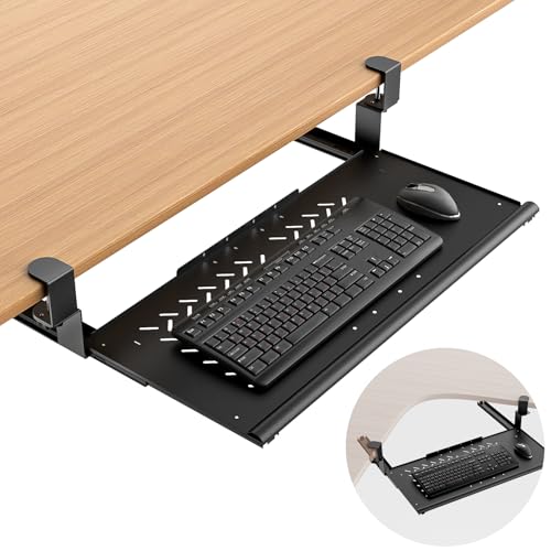 Keyboard Tray Under Desk - Full Metal Slide Out Holder, Rust-Resistant & Scratch-Proof, 26x13" Tray, Double C-Clamps for L Shape/Regular Desks, Standing/Sitting Workstation(Black-A) - color: Black