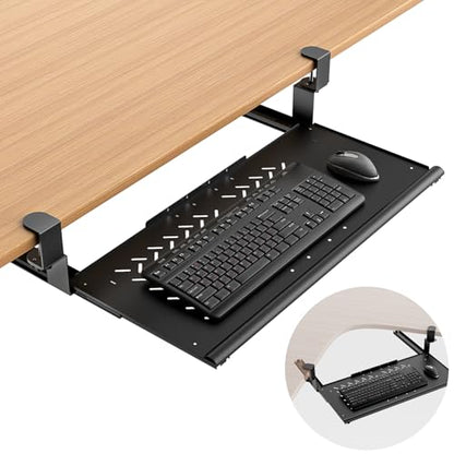 Keyboard Tray Under Desk - Full Metal Slide Out Holder, Rust-Resistant & Scratch-Proof, 26x13" Tray, Double C-Clamps for L Shape/Regular Desks, Standing/Sitting Workstation(Black-A) - color: Black