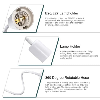 Desk Clip Lamp Holder, 240CM Cord Clip Desk Lamp Socket E26 E27 Clamp Light Socket with 9mm Thick Metal Tube Clip Reading Lamp for Office Clip On Grow Lights for Home Lighting, White(No Bulb)