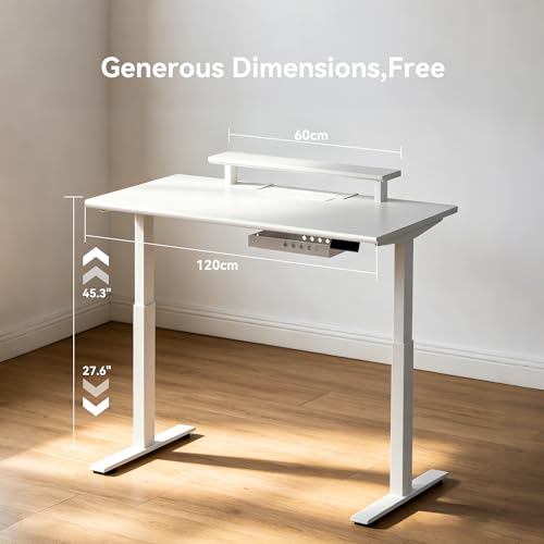 Electric Standing Desk 47.2" x 23.6", White Height Adjustable Sit Stand Desk with Ergonomic Monitor Riser, Dual Memory Presets, Cable Management Tray, Sturdy Scratch-Resistant Desktop for Home Office