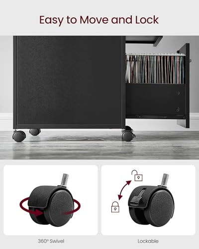 VASAGLE File Cabinet, Mobile Filing Cabinet with Wheels, 2 Lockable Drawers, Open Shelf, for A4, Letter Size, Hanging File Folders, Ink Black UOFC077B16 - color: Ink Black, size: 2 Drawers With Lock and Fences